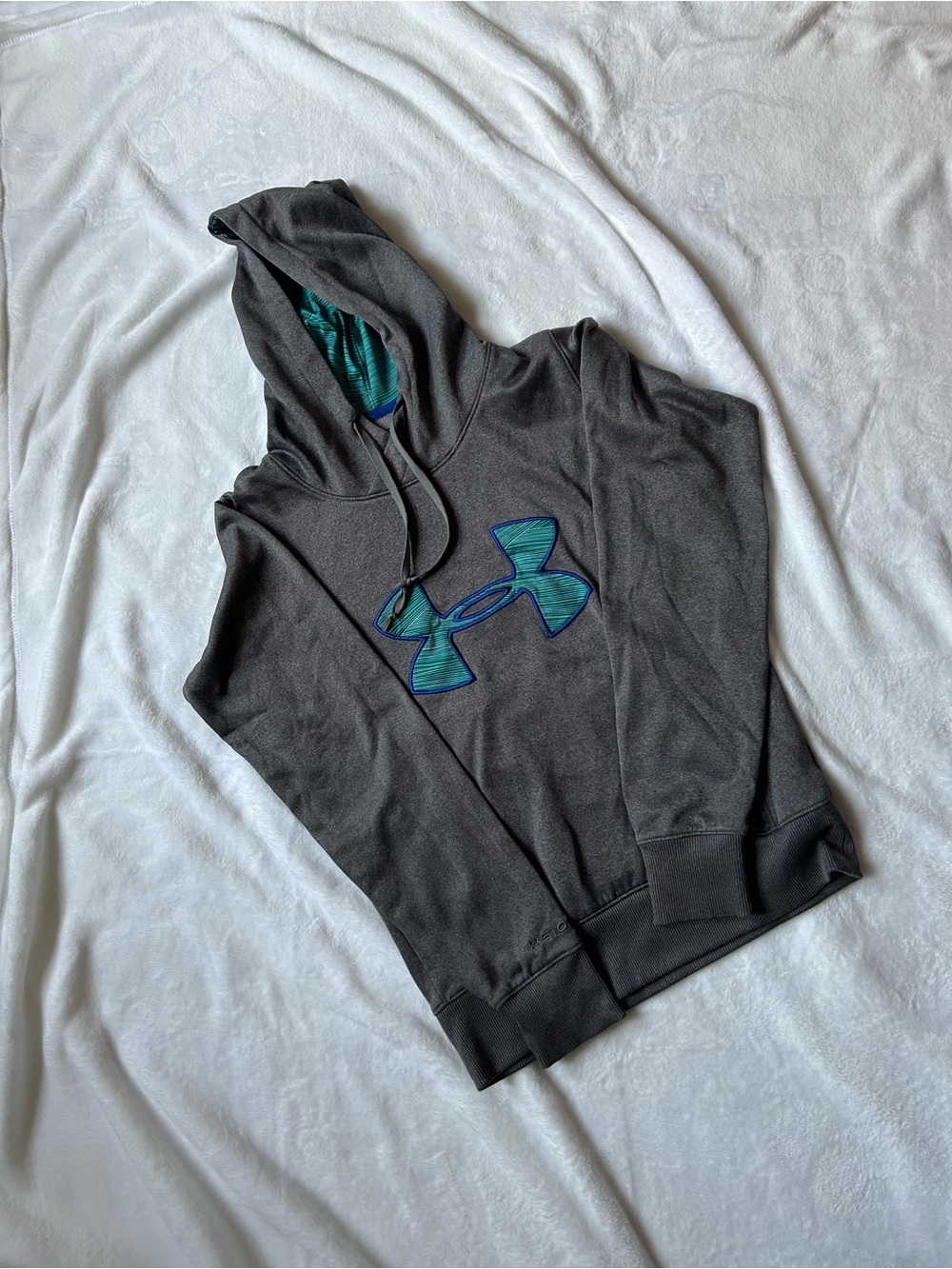 Under Armour Kids Youth XS Hoodie Gray Teal Big Logo ColdGear Pullover